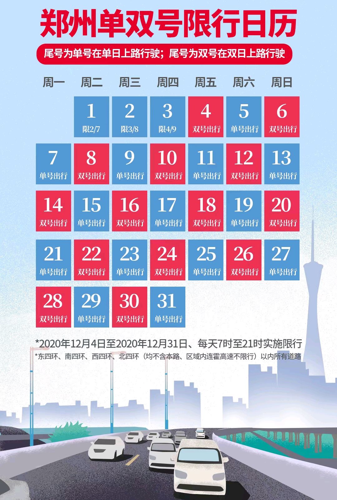 郑州单双号限行通知2020年.郑州单双号限行时间表-第2张图片
