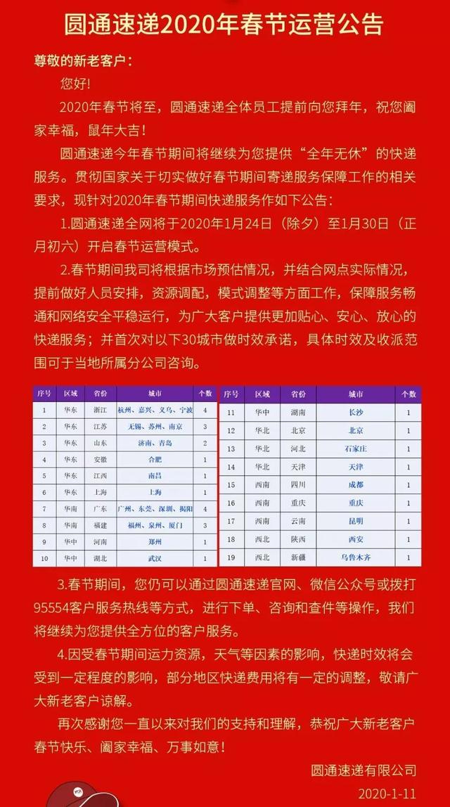 2020快递停运时间,2020快递停运时间一览表-第2张图片